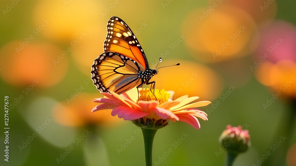 Orange butterfly on pink flower in sunlight. Orange butterfly on pink flower in sunlight.