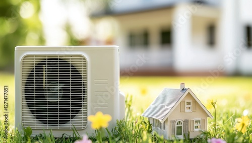 Energy-Efficient Heat Pump Outdoor Unit on Green Lawn with Eco-Friendly Home in Background