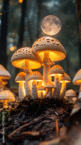 Glowing Mushrooms Under Moonlight In Forest photo