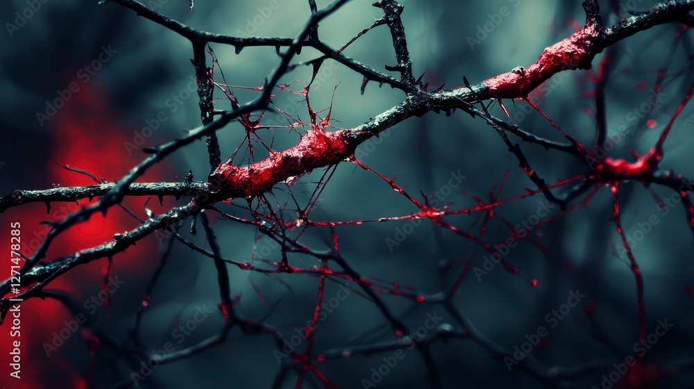 Branches of Mystery with Striking Red Accents Branches of Mystery with Striking Red Accents