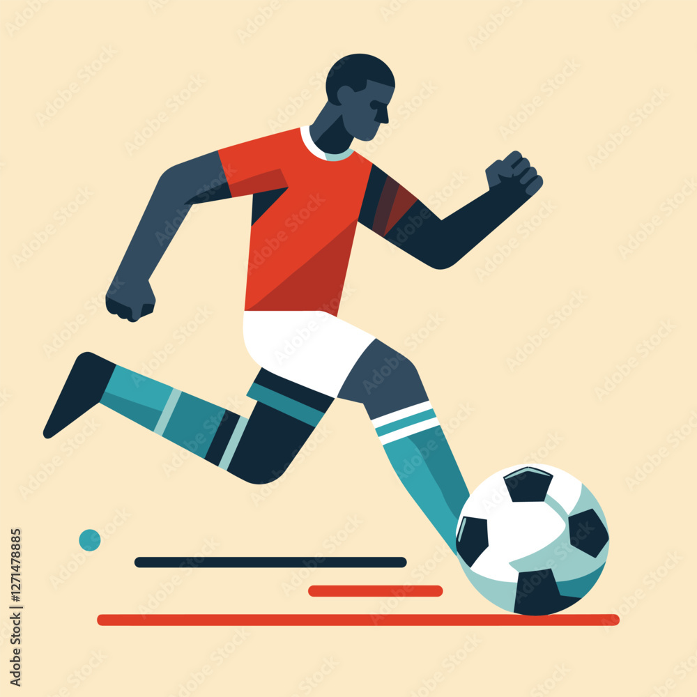 Fototapeta premium Dynamic Soccer Player Kicking Ball in Minimalistic Flat Illustration
