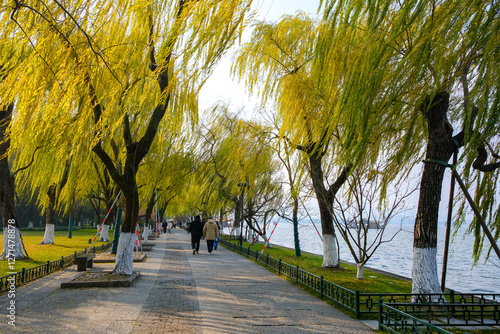 Obraz na płótnie 中国 浙江省杭州市、世界遺産の西湖 湖畔の遊歩道 w salonie
