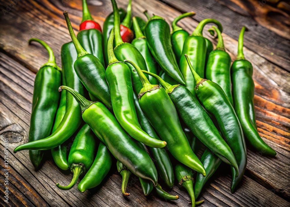 Green chili peppers, arranged by thirds, visually appealing. Green chili peppers, arranged by thirds, visually appealing.