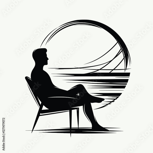 Contemplative Silhouette by the Ocean Sunset - Minimalistic Line Art Illustration