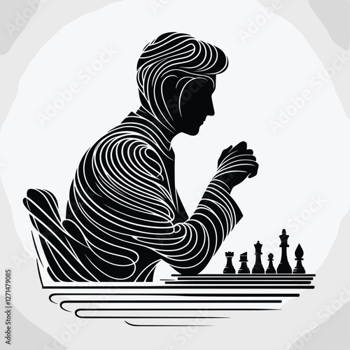Chess Player in Line Art Style Focused Silhouette Strategy