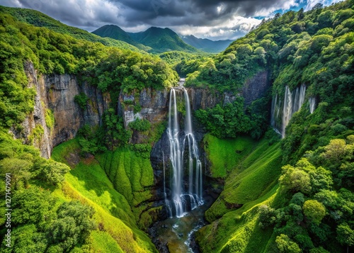 Grand-Galet Waterfall, Reunion: stunning aerial views of the landscape.