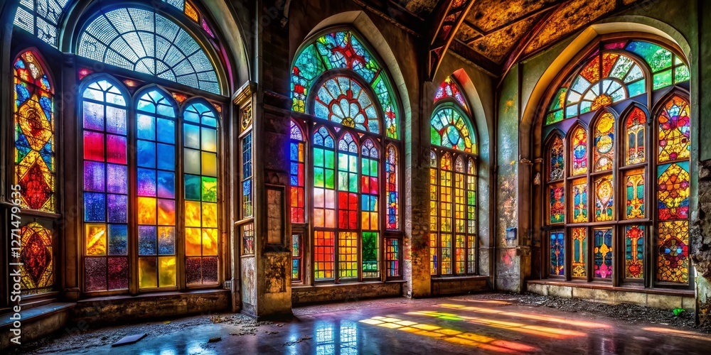 Obraz premium Abandoned Church, Vibrant Stained Glass, Urban Exploration Photography, Architectural Detail