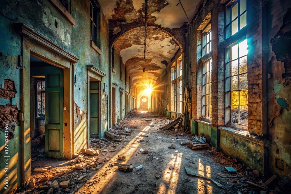 Fototapeta premium Abandoned Corridor, Crumbling Walls, Deep Depth of Field Stock Photo