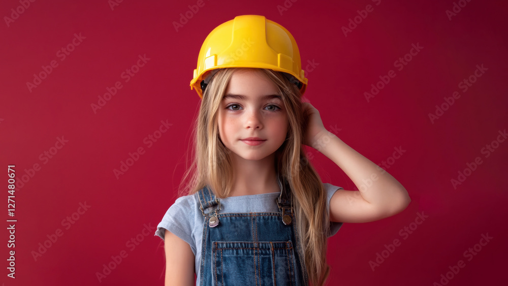 Young girl wearing a yellow construction hat on a red background Young girl wearing a yellow construction hat on a red background
