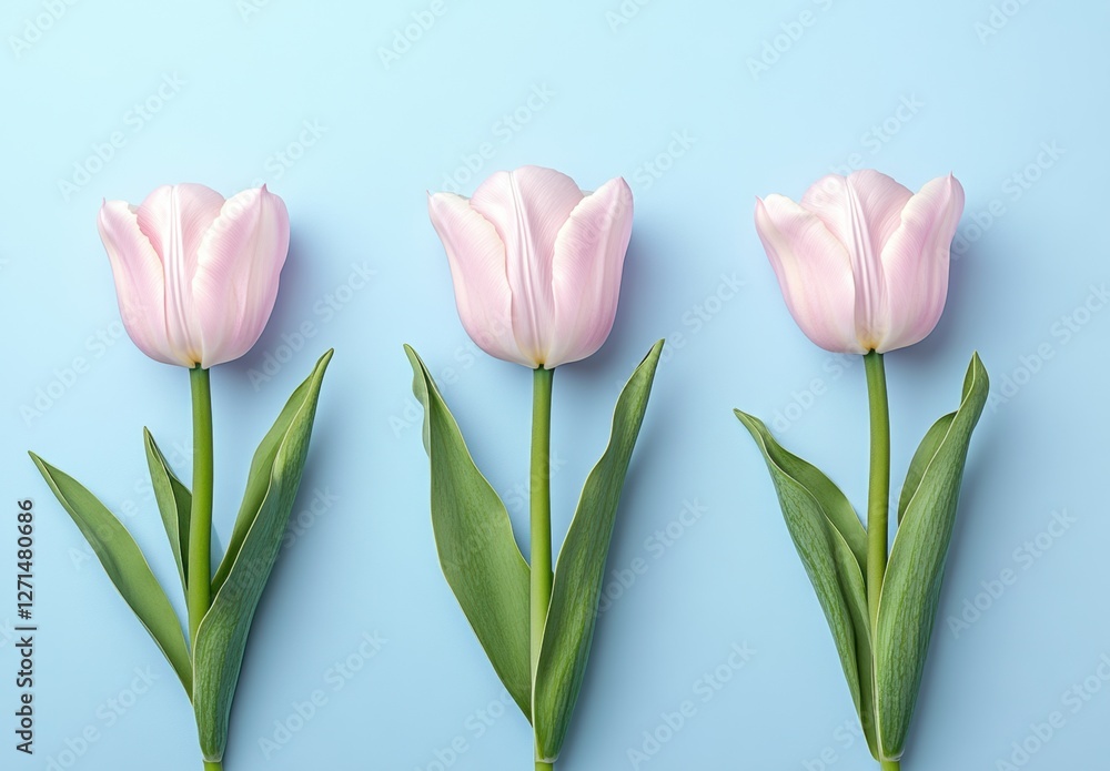 Beautiful pink tulips arranged on a light blue background Beautiful pink tulips arranged on a light blue background