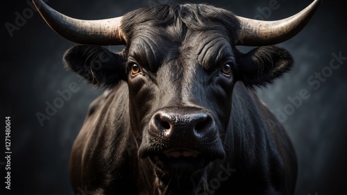 Black bull face portrait closeup. One dark cow 