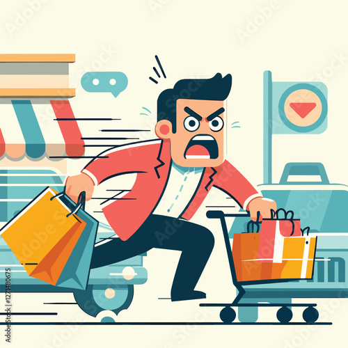Hasty Shopper in Rush with Shopping Bags During Sale Season - Flat Illustration