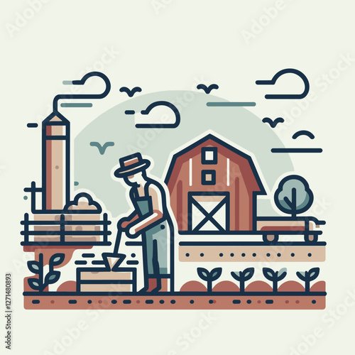 Sustainable Farming Scene with Farmer and Barn - Flat Illustration