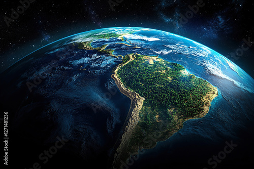 Fototapeta Naklejka Na Ścianę i Meble -  Realistic photo of planet Earth with South America, Andes and Amazon forests in view. Blue space background with stars. Generated by artificial intelligence
