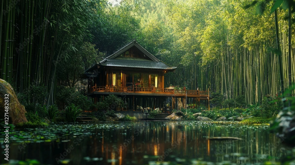 Serene Bamboo Forest House with Reflections on Calm Water Serene Bamboo Forest House with Reflections on Calm Water