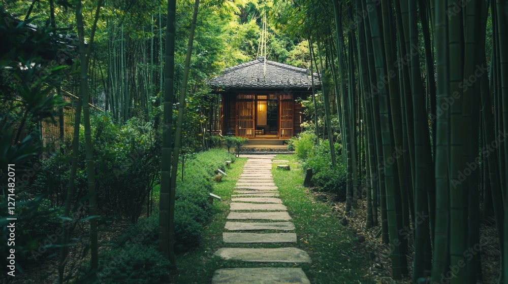 Serene Pathway Through Lush Bamboo Forest Leading to Tranquil Cottage Serene Pathway Through Lush Bamboo Forest Leading to Tranquil Cottage