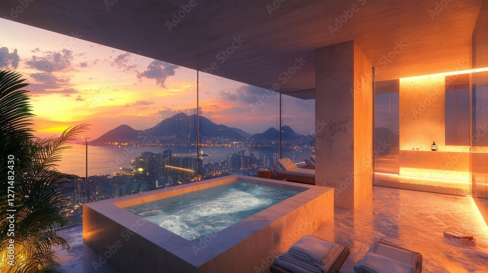 Fototapeta premium Luxury Retreat with Scenic View of Sunset over City and Water