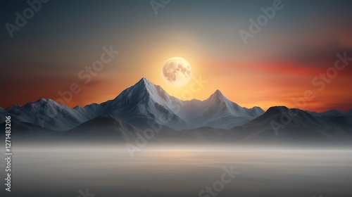 Hyper-realistic snowy night landscape with moonlight, global illumination, sharp focus, uplighting, and detailed volumetric lighting  photo