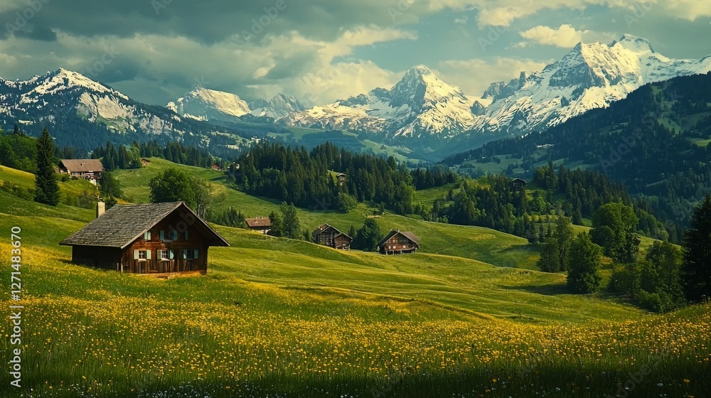 Obraz premium Serene Mountain Landscape with Green Fields and Snow-Capped Peaks