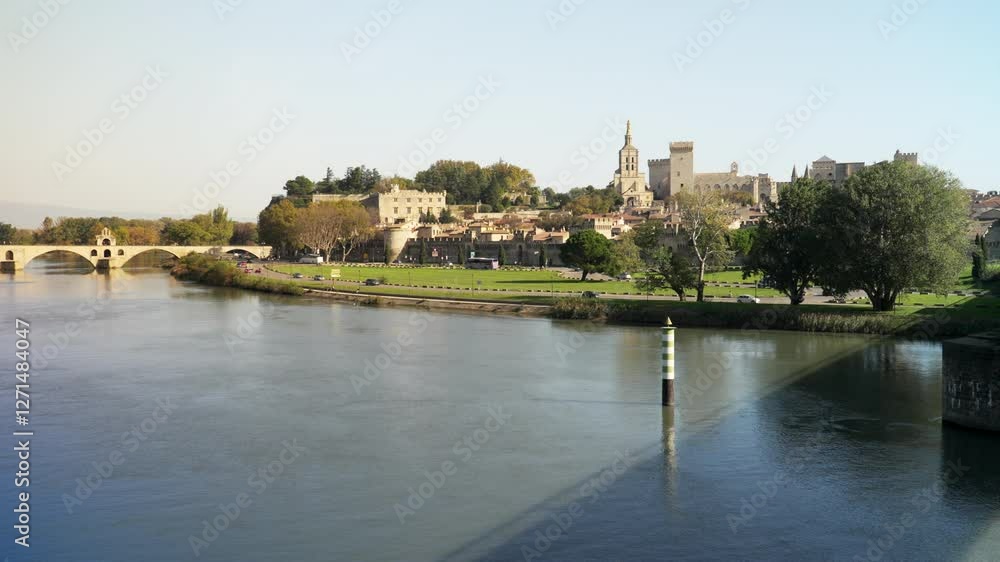 08.31.2024 Avignon, France. The Medieval part of Avignon as seen across the river Rhone 08.31.2024 Avignon, France. The Medieval part of Avignon as seen across the river Rhone