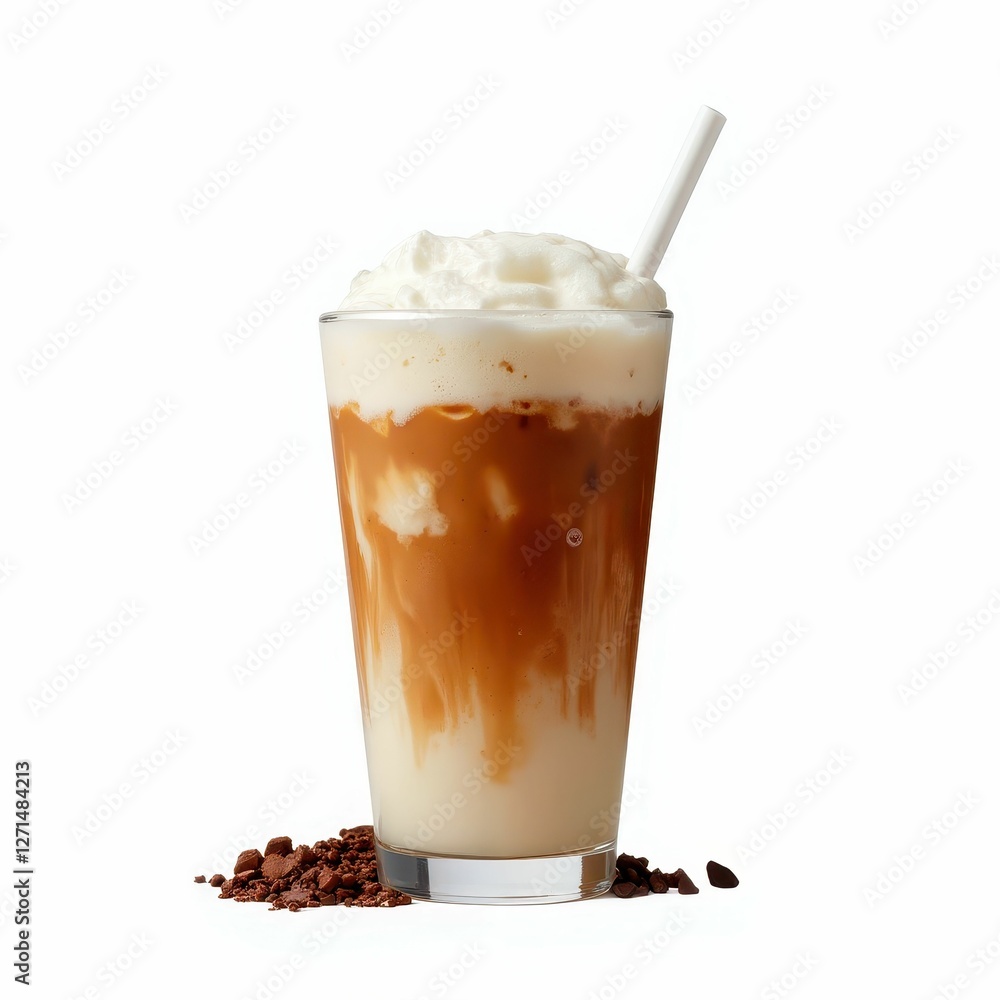 Refreshing Iced Coffee Drink with Creamy Topping and Crumbled Garnish on White Background Beverage Refreshing Iced Coffee Drink with Creamy Topping and Crumbled Garnish on White Background Beverage