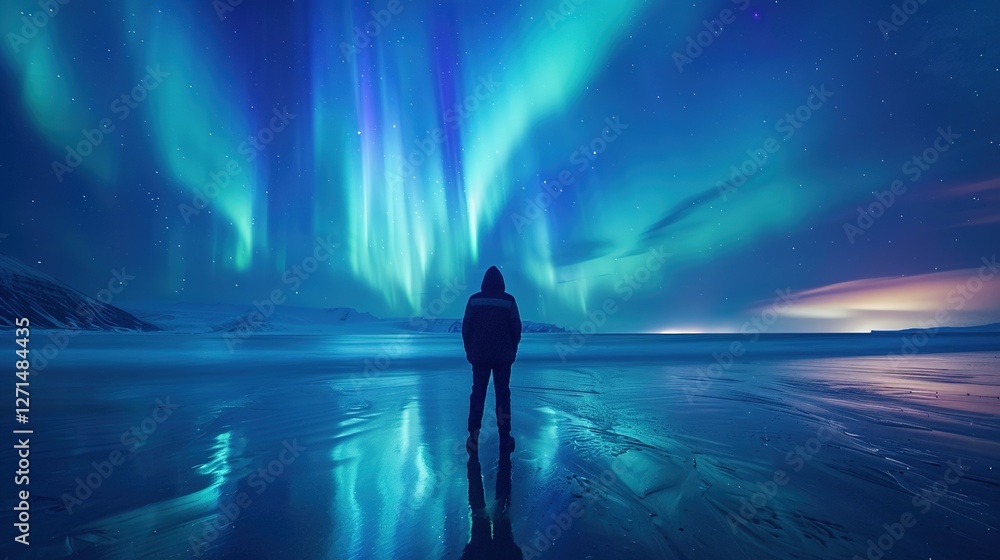 Capturing the Awe-Inspiring Northern Lights: A Human Silhouette Gazing at Ethereal Aurora Borealis, Evoking Cosmic Wonder and Deep Connection to the Universe – Perfect for Night Sky Photography, Celes Capturing the Awe-Inspiring Northern Lights: A Human Silhouette Gazing at Ethereal Aurora Borealis, Evoking Cosmic Wonder and Deep Connection to the Universe – Perfect for Night Sky Photography, Celes
