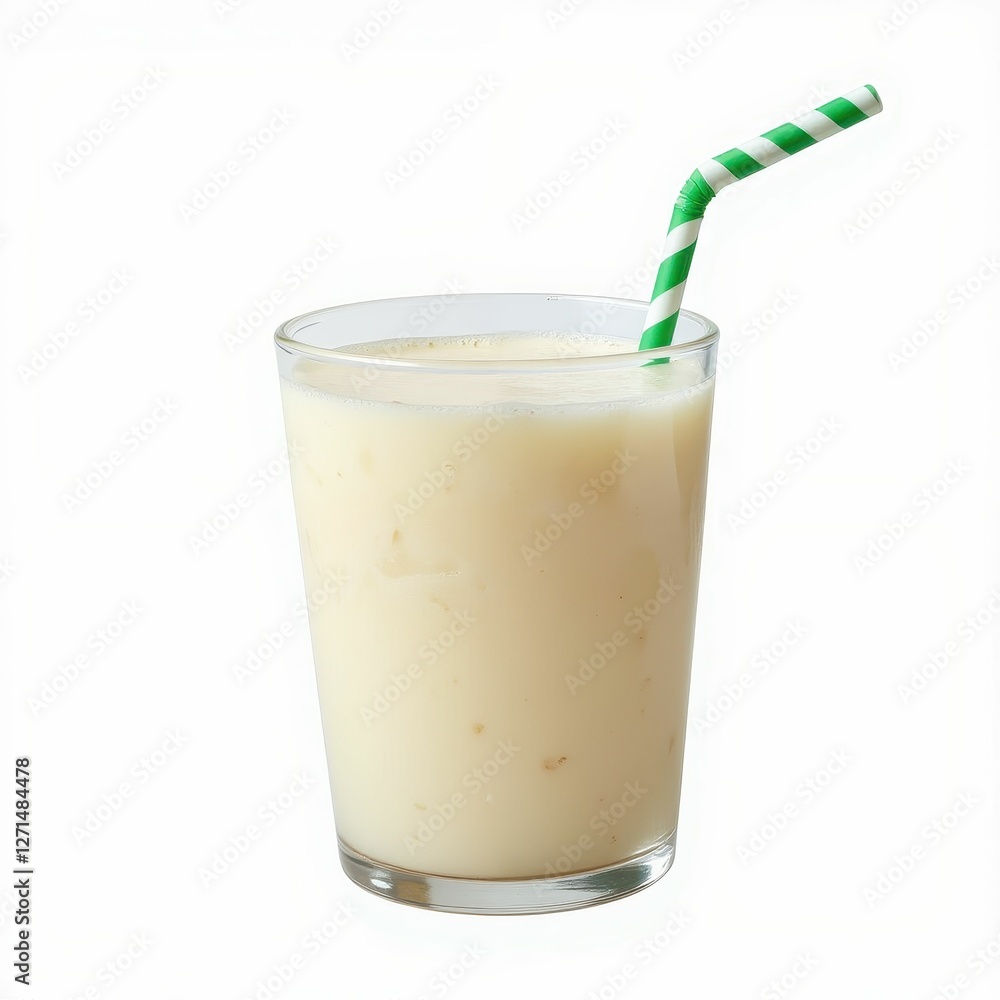 Creamy Banana Smoothie Served in Glass with Striped Straw Ready to Drink Delicious Treat Creamy Banana Smoothie Served in Glass with Striped Straw Ready to Drink Delicious Treat