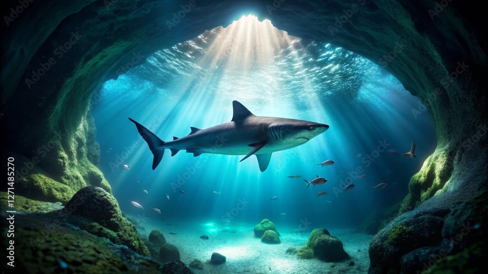 Naklejka premium Majestic Shark Illuminated in Underwater Cave, Beams of Sunlight Piercing the Deep Ocean