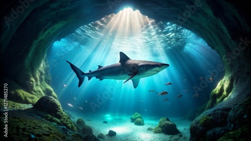 Wallpaper Mural Majestic Shark Illuminated in Underwater Cave, Beams of Sunlight Piercing the Deep Ocean Torontodigital.ca