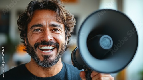 Joyful Man Holding Megaphone and Announcing to Enthusiastic Crowd
