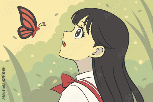  Anime-style digital drawing of a young woman with long, straight black hair and a red ribbon tied in a bow, looking to the side with a surprised expression. A vibrant red butterfly is in the air ne