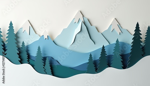 Multi-layered cut-out paper composition with mountain landscape. Traveling, vacation, art school concept. Winter activities and ski resorts. National craft month