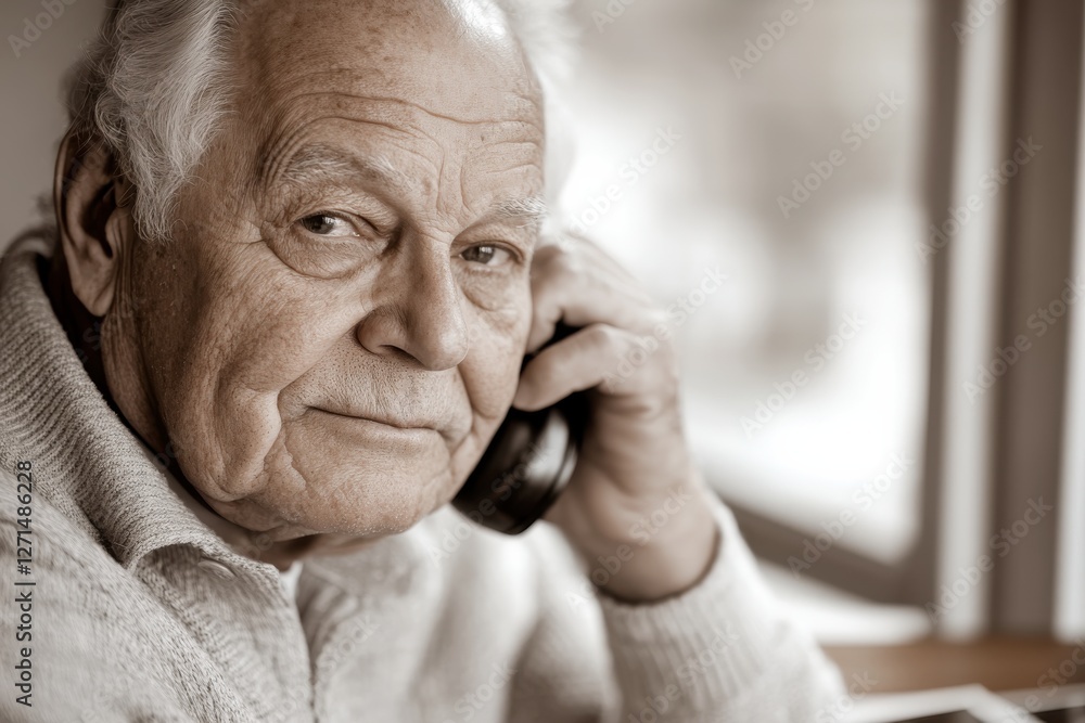 Fototapeta premium An elderly man with a thoughtful expression, talking on the phone; a moment capturing wisdom, serenity, and life experience alongside a warm ambiance and timeless style.