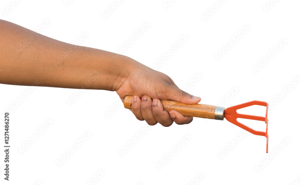 hand holding a metalic rake for gardening, transparency png hand holding a metalic rake for gardening, transparency png