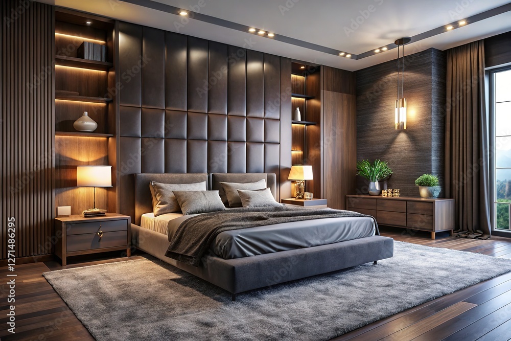Fototapeta premium Modern bedroom design: dark brown bed, grey linens, 3D wall art, dark gray walls, built-in storage. 4K animation.