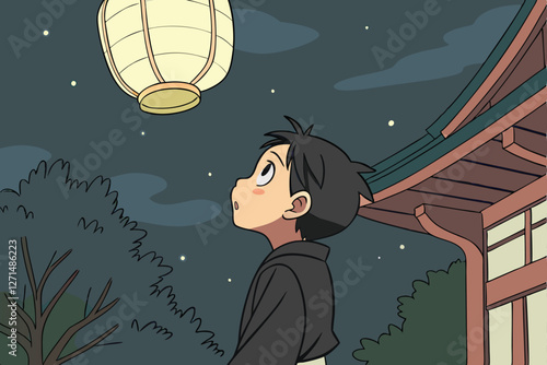  Anime-style drawing of a young boy with short, dark hair, wearing a black shirt, looking up at a glowing paper lantern with a surprised expression. The background features a dark, starry night sky 