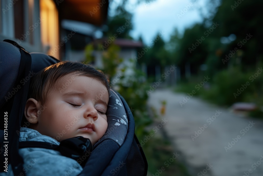 A serene sleeping baby in a stroller during the twilight hours, embodying peace and tranquility in nature, emphasizing the beauty of childhood in a relaxed environment.