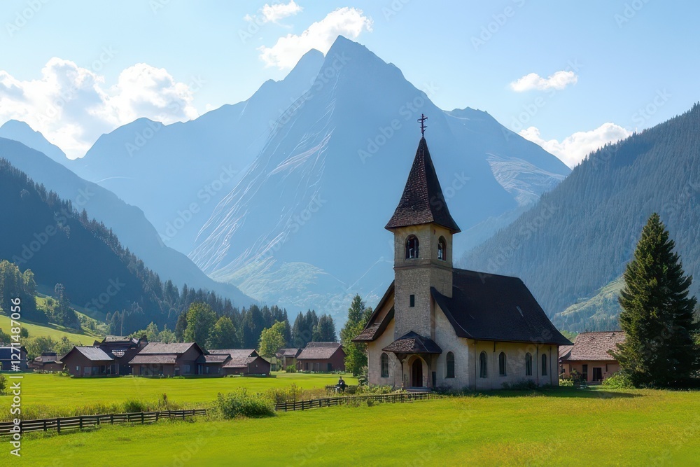 A picturesque scene featuring a charming church nestled in a lush green valley, surrounded by majestic mountains and a clear blue sky. A picturesque scene featuring a charming church nestled in a lush green valley, surrounded by majestic mountains and a clear blue sky.