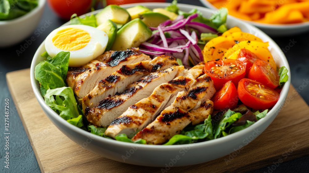 Delicious bowl with chicken breast salad with tomatoes Delicious bowl with chicken breast salad with tomatoes