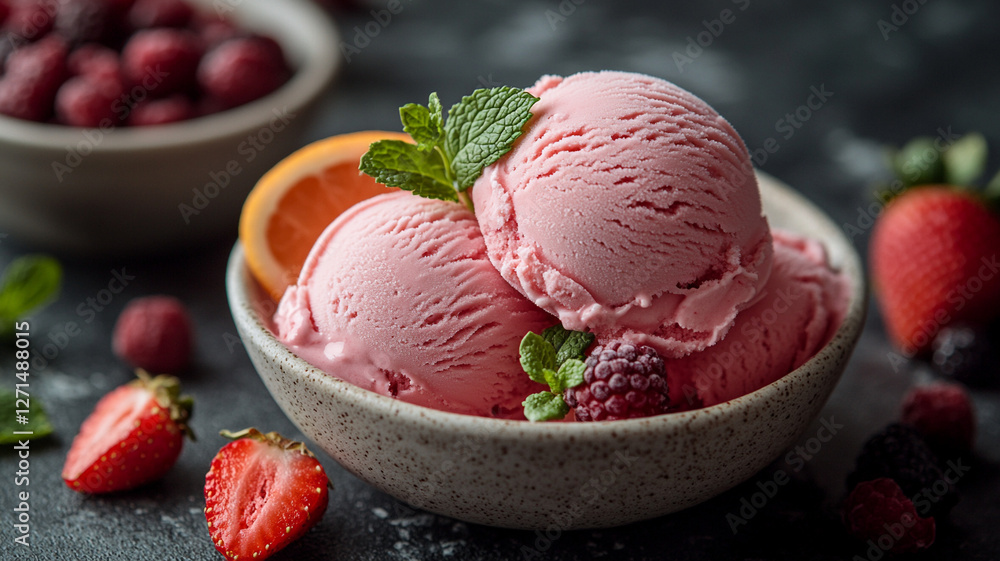 Fruit and berry ice cream with berries. Fruit and berry ice cream with berries.
