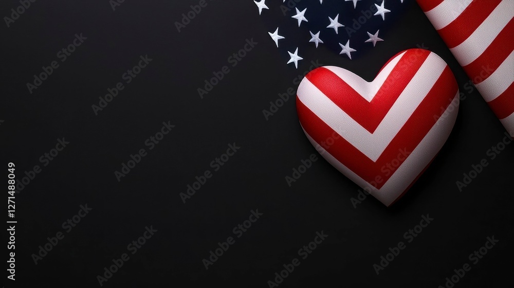 Obraz premium Patriotic Heart with American Flag Stars and Stripes on Dark Background Rendering for Celebration Day