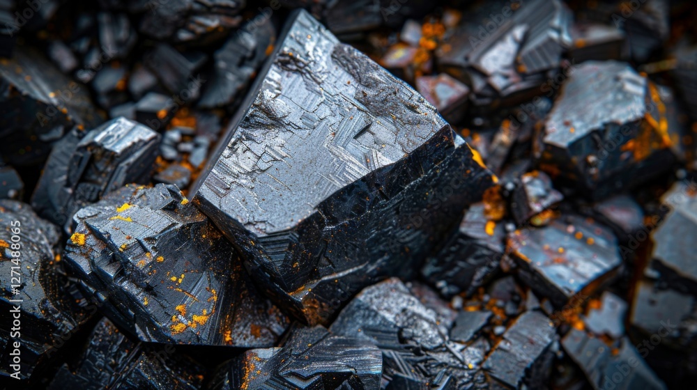 Black crystals are clustered together, showcasing sharp edges and reflective surfaces enhanced by patches of orange. The intricate textures reveal the natural beauty of these minerals. Black crystals are clustered together, showcasing sharp edges and reflective surfaces enhanced by patches of orange. The intricate textures reveal the natural beauty of these minerals.