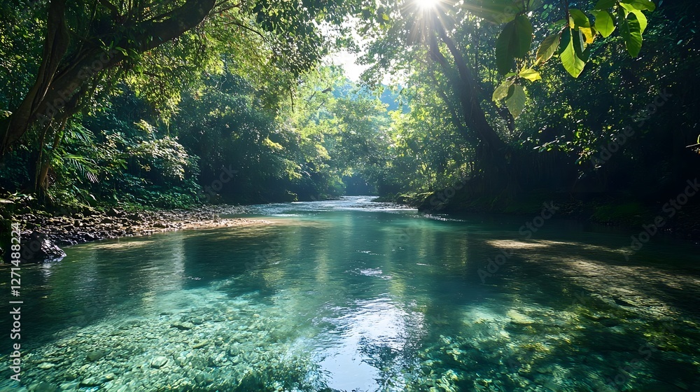 Obraz premium Serene river flowing through a lush green forest with sunlight filtering through the trees