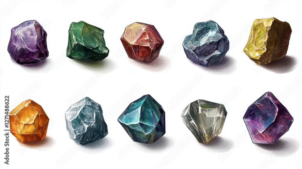 Fototapeta premium A set of icons of precious stones of different facets for fantasy style games isolated on a white background