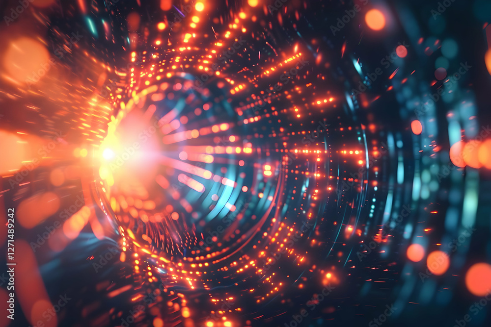 Vibrant abstract light patterns swirling in a digital tunnel, creating a sense of depth and motion Vibrant abstract light patterns swirling in a digital tunnel, creating a sense of depth and motion