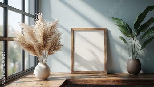 Beige photo frame mockup on a white wall background with dried grass in a vase, a wooden picture frame, in both vertical and horizontal orientations