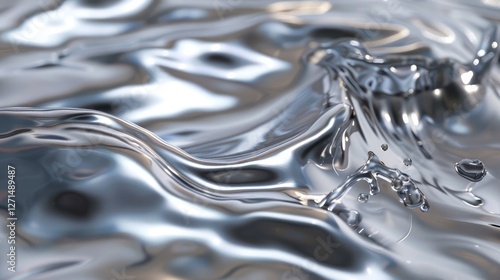 Liquid chrome abstract surface with smooth undulations and splashes
