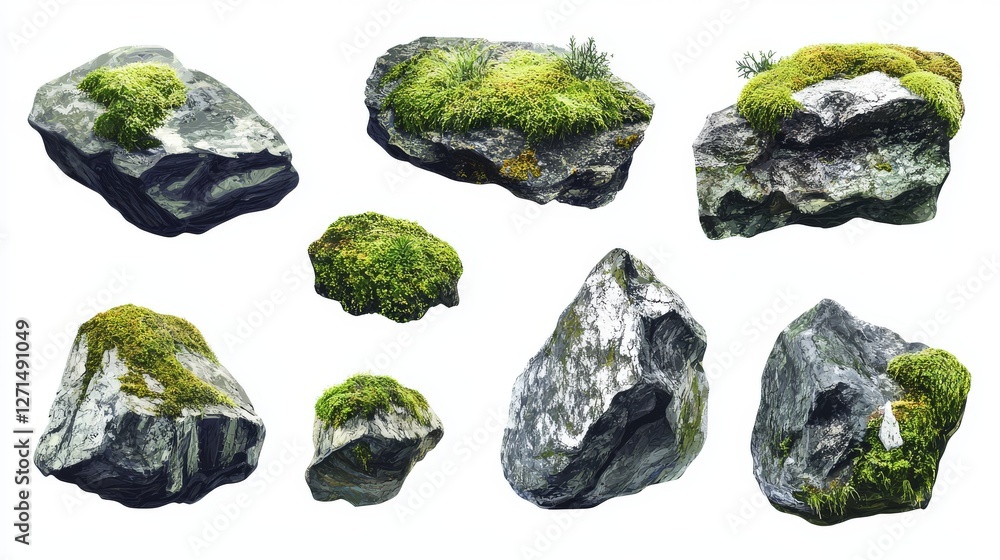 A set of isolated illustrations . Rocks and stones covered with moss A set of isolated illustrations . Rocks and stones covered with moss