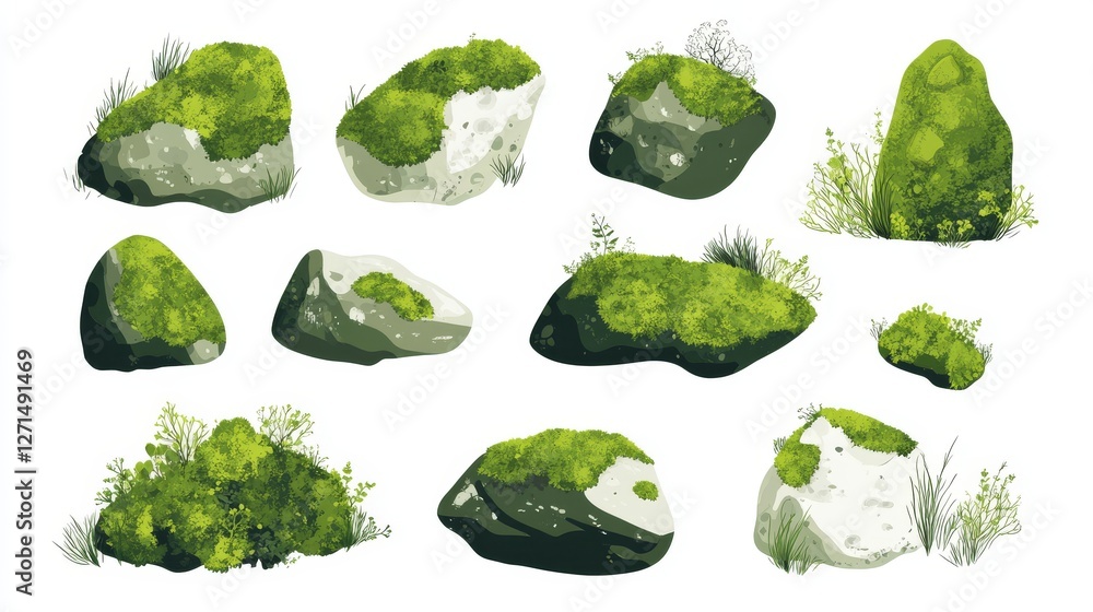 A set of isolated illustrations . Rocks and stones covered with moss A set of isolated illustrations . Rocks and stones covered with moss