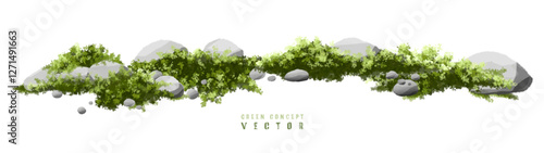 Vector watercolor green tree or meadow side view isolated on white background for landscape and architecture drawing,elements for environment or and garden,Shrub for section,moss with rock,stone